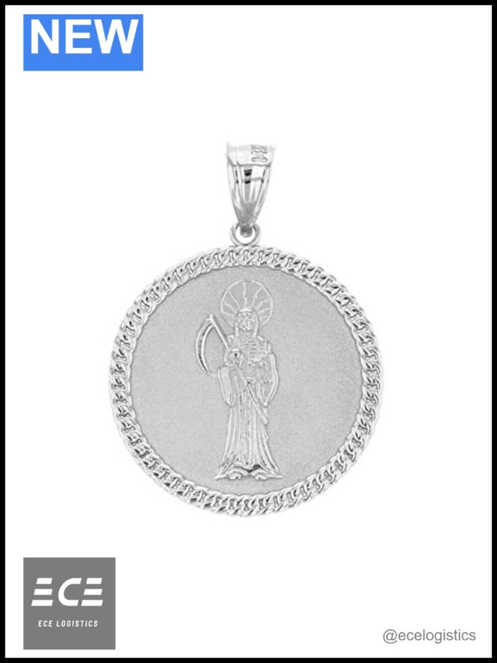 Sterling Silver Santa Muerte Grim Reaper Medallion Pendant Necklace
